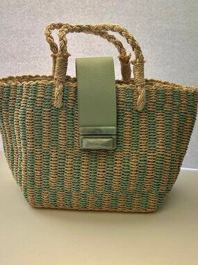 BTB Los Angeles Seafoam Aqua Straw Tote Retro Resort Beach Handbag
